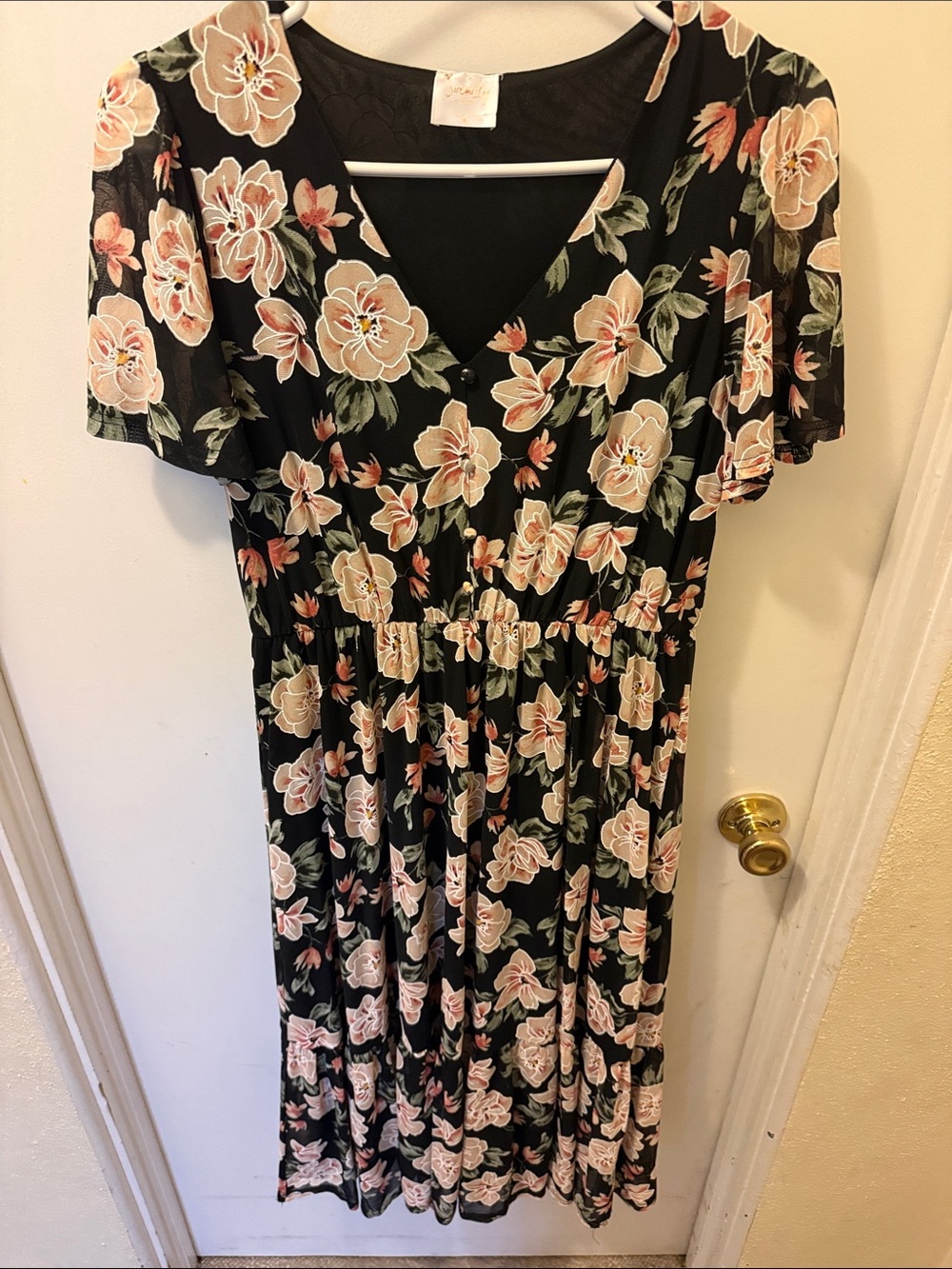 Floral V-Neck Midi Dress - Black with Blush Floral